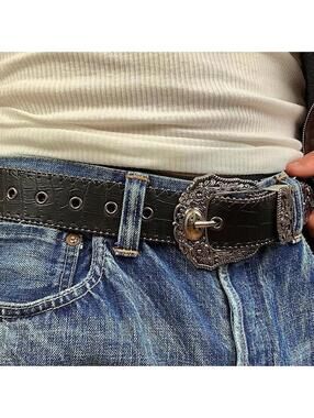 Y2k 2000s style black western silver boho belt. 38.5 inches length. Unisex